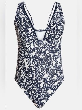 Time and Tru Navy & White Floral Print One-Piece Swimsuit